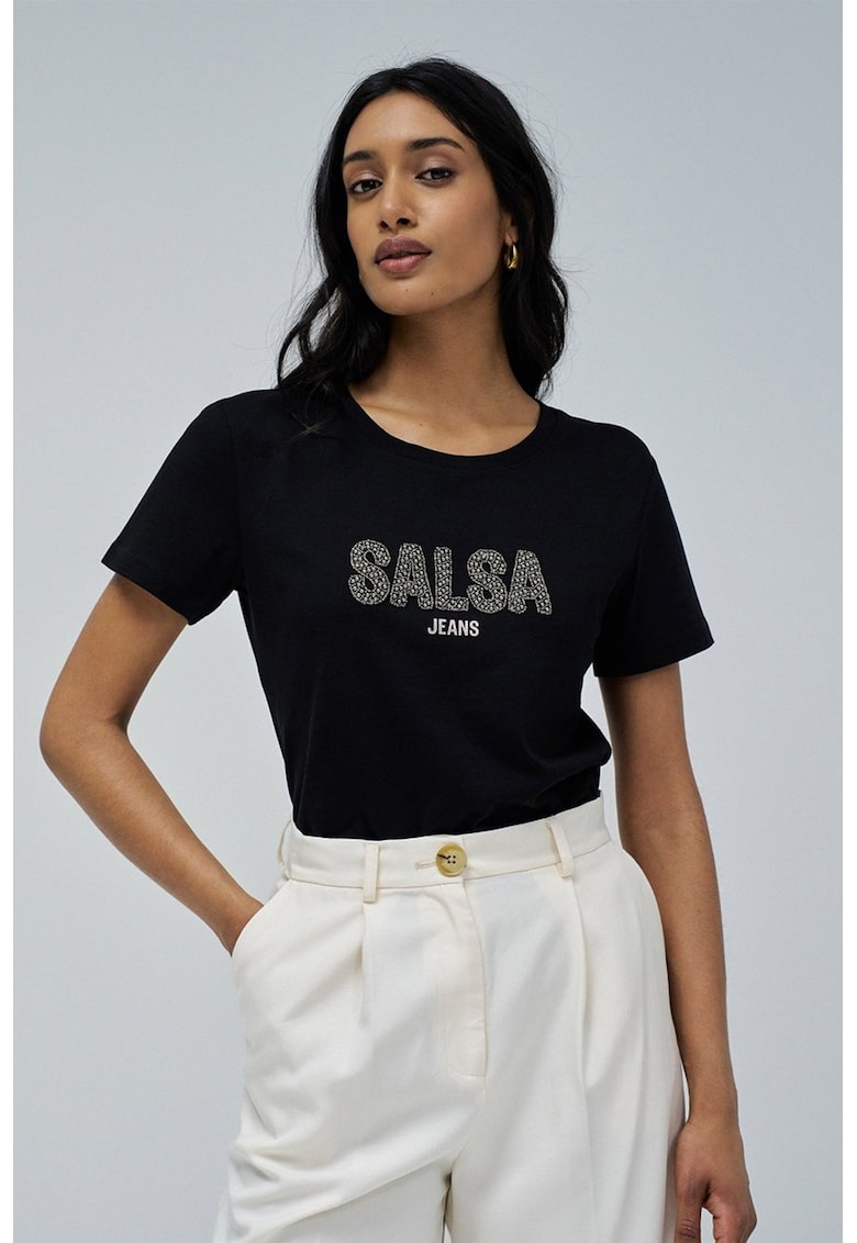 Tricou cu imprimeu si decolteu la baza gatului - Negru/Argintiu