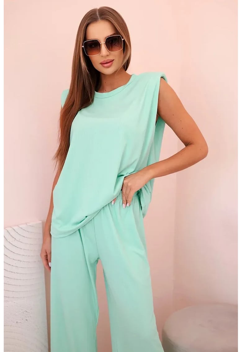 Set de bluza fara maneci si pantaloni cu croiala dreapta -