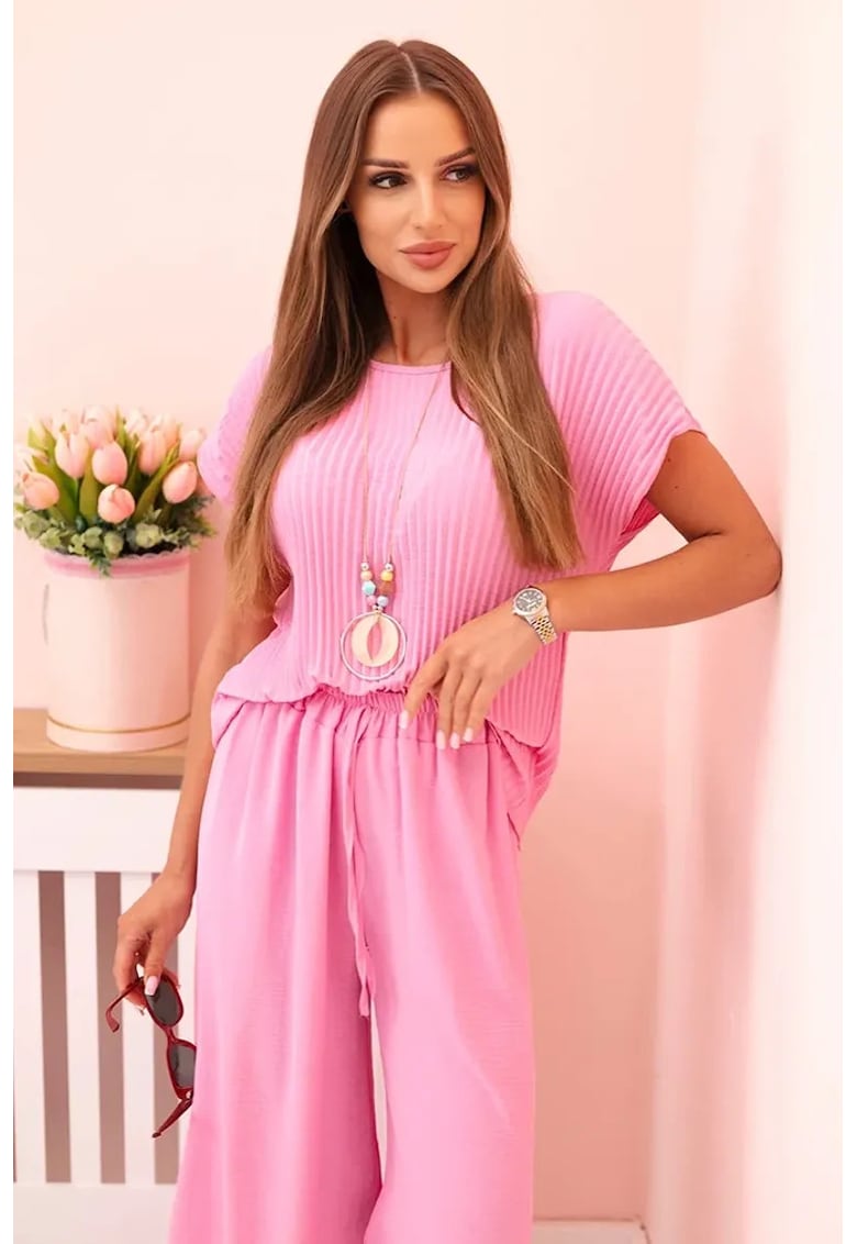 Set de bluza plisata si pantaloni cu snur -