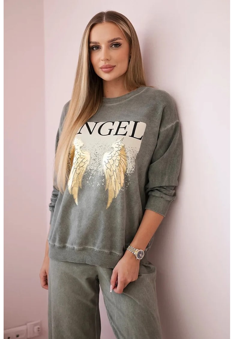 Set de hanorac cu imprimeu text si pantaloni -