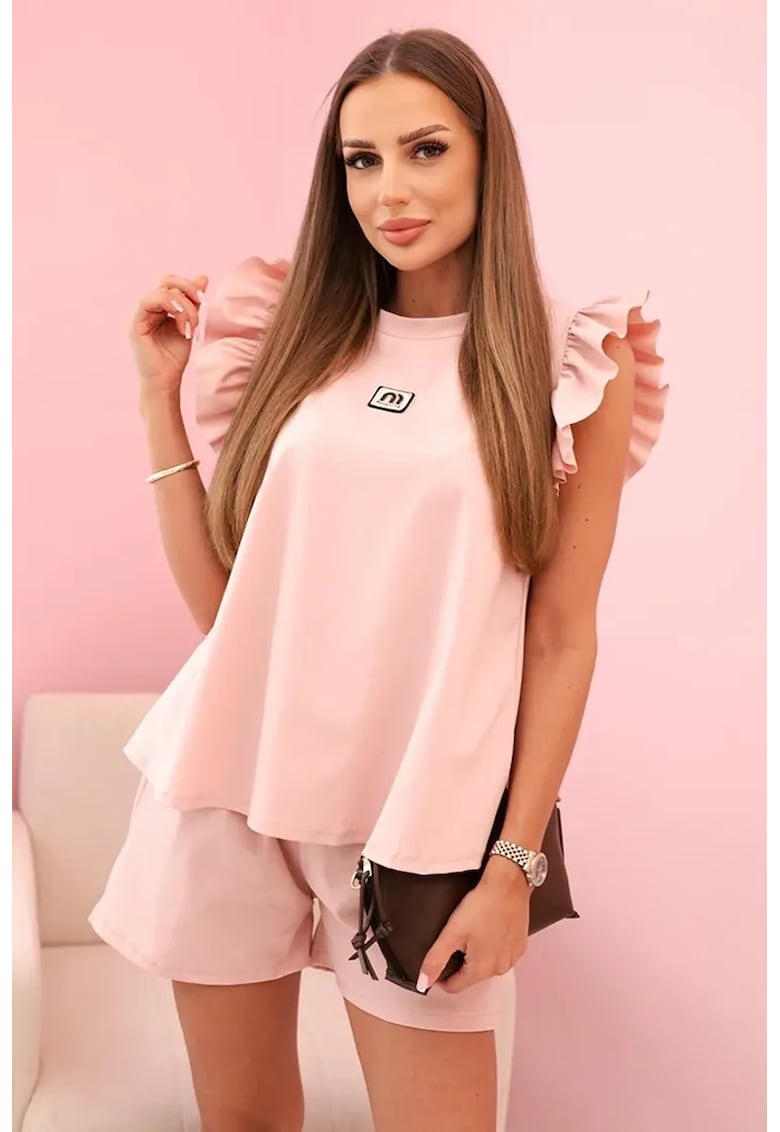 Set de bluza cu maneci scurte si volane si pantaloni scurti -