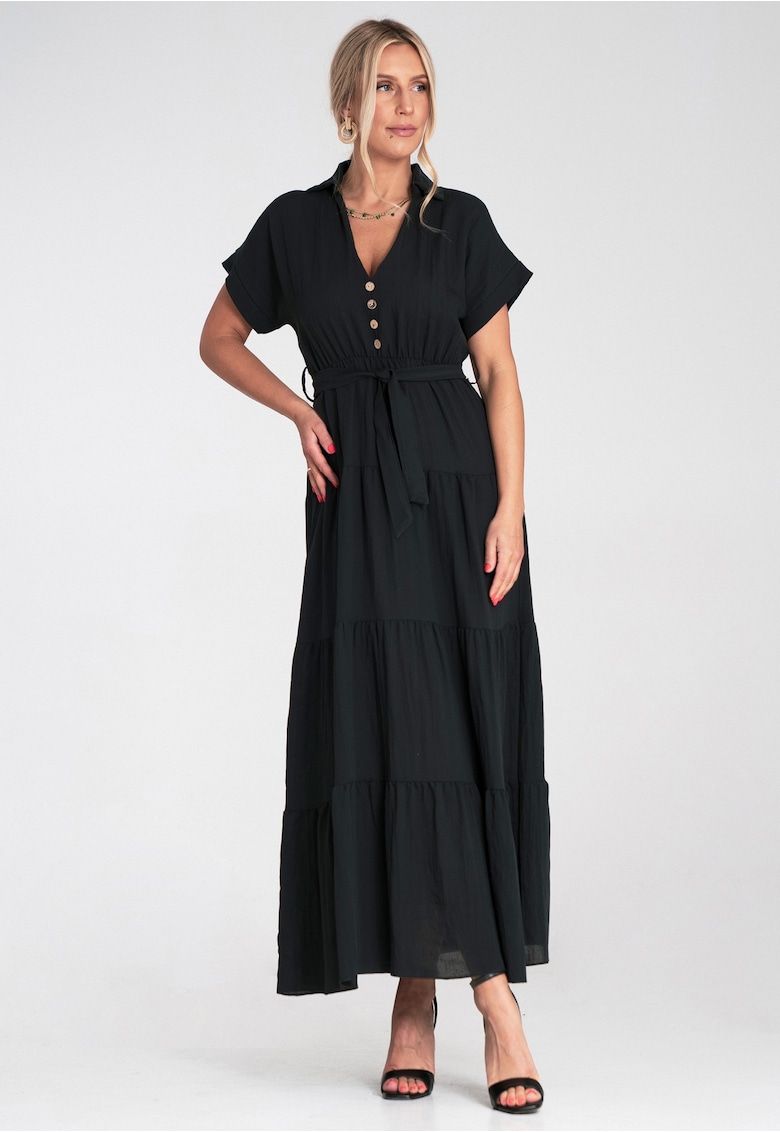 Rochie maxi neagra - cu guler - maneci scurte - croi lejer - cu volane -