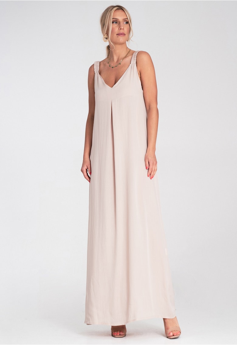 Rochie maxi - bej - bretele late - decolteu in V -