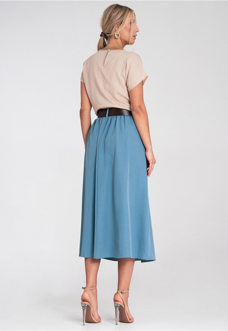 Fusta midi albastra - talie inalta - curea decorativa - evazata - cu buzunare -