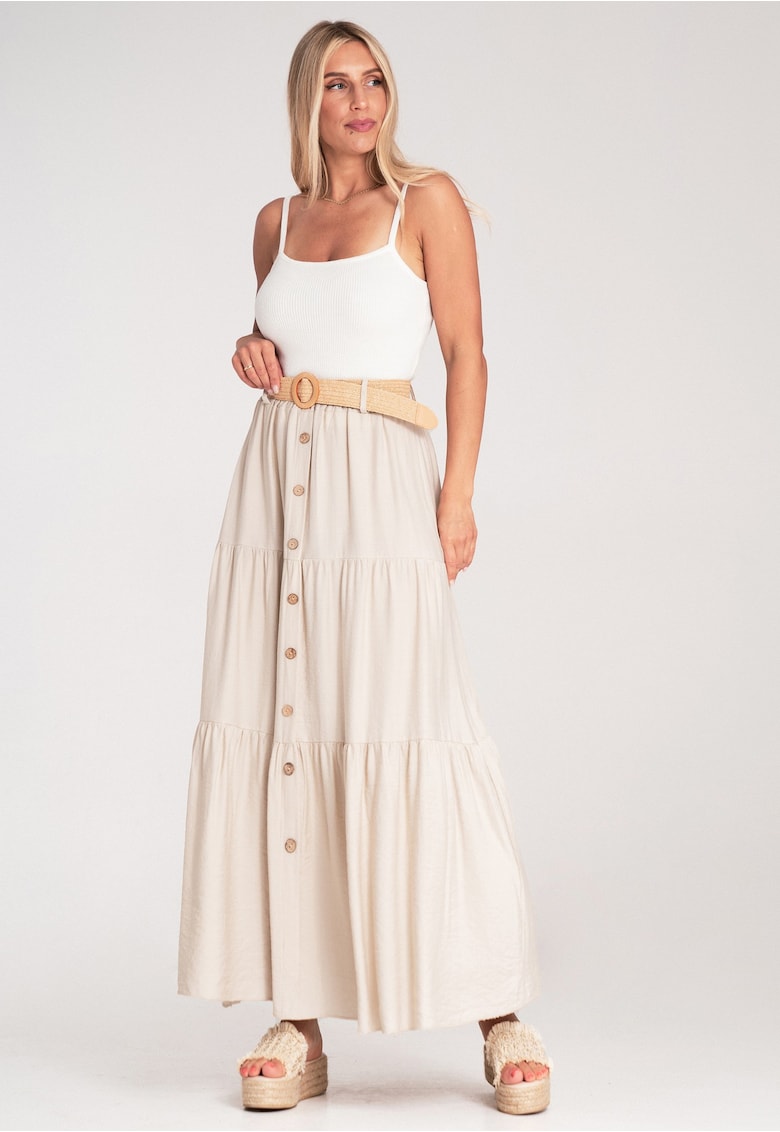Fusta maxi bej - bumbac - cu nasturi si volane - talie inalta - curea decorativa -