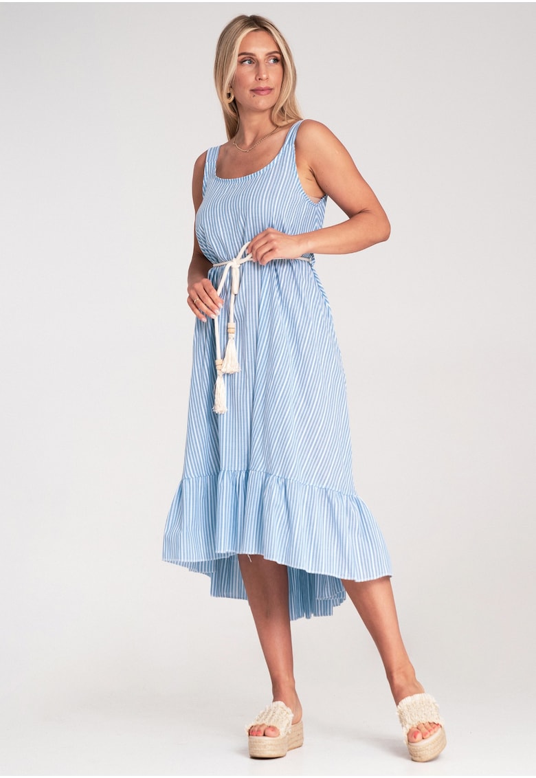 Rochie cu dungi - asimetrica - volane - albastru deschis - bumbac -