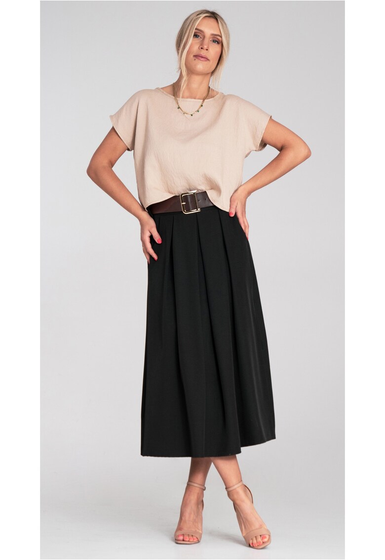 Fusta midi neagra - talie inalta - evazata - cu curea lata si buzunare laterale -