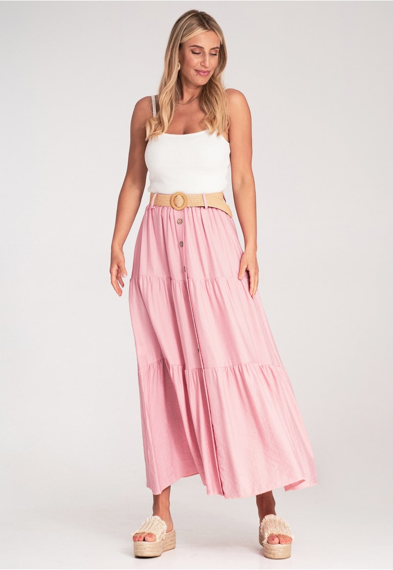 Fusta maxi roz - bumbac - cu volane si curea impletita -