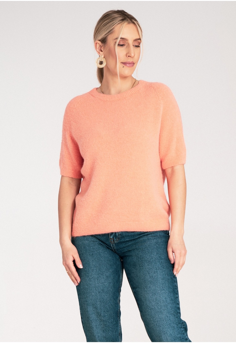 Pulover dama - coral - tricot moale - maneca scurta - decolteu rotund -