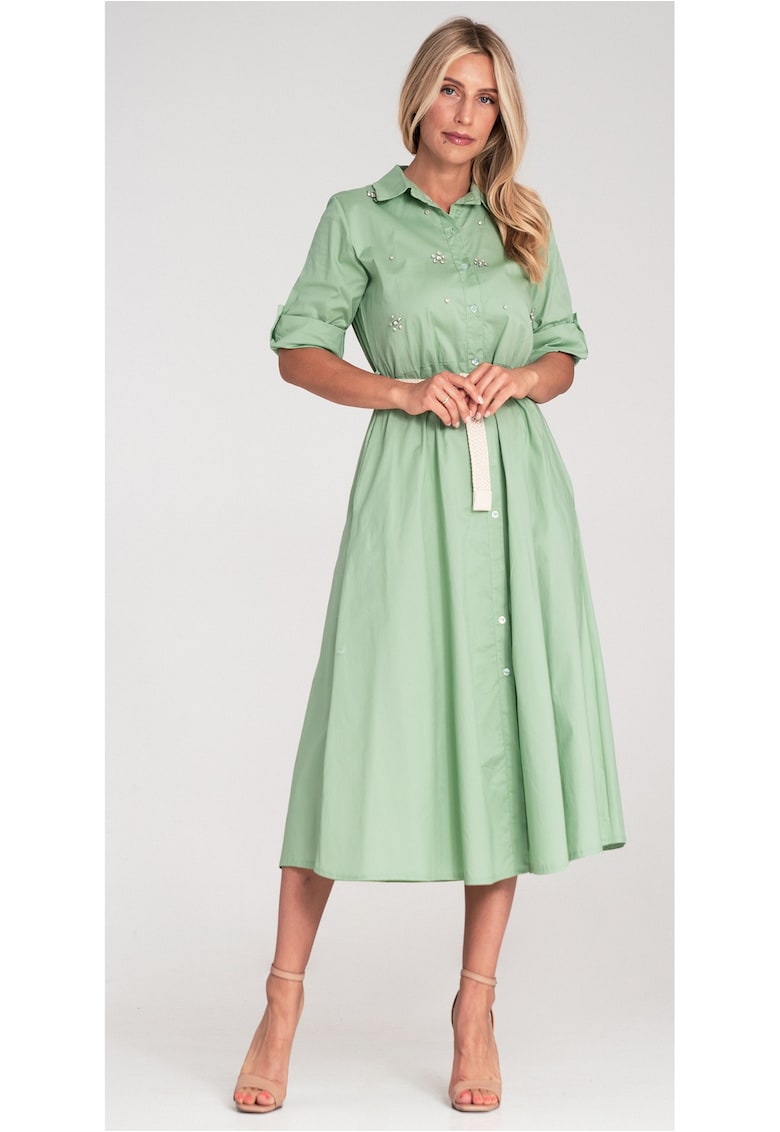 Rochie midi verde - bumbac - cu aplicatii si curea impletita -