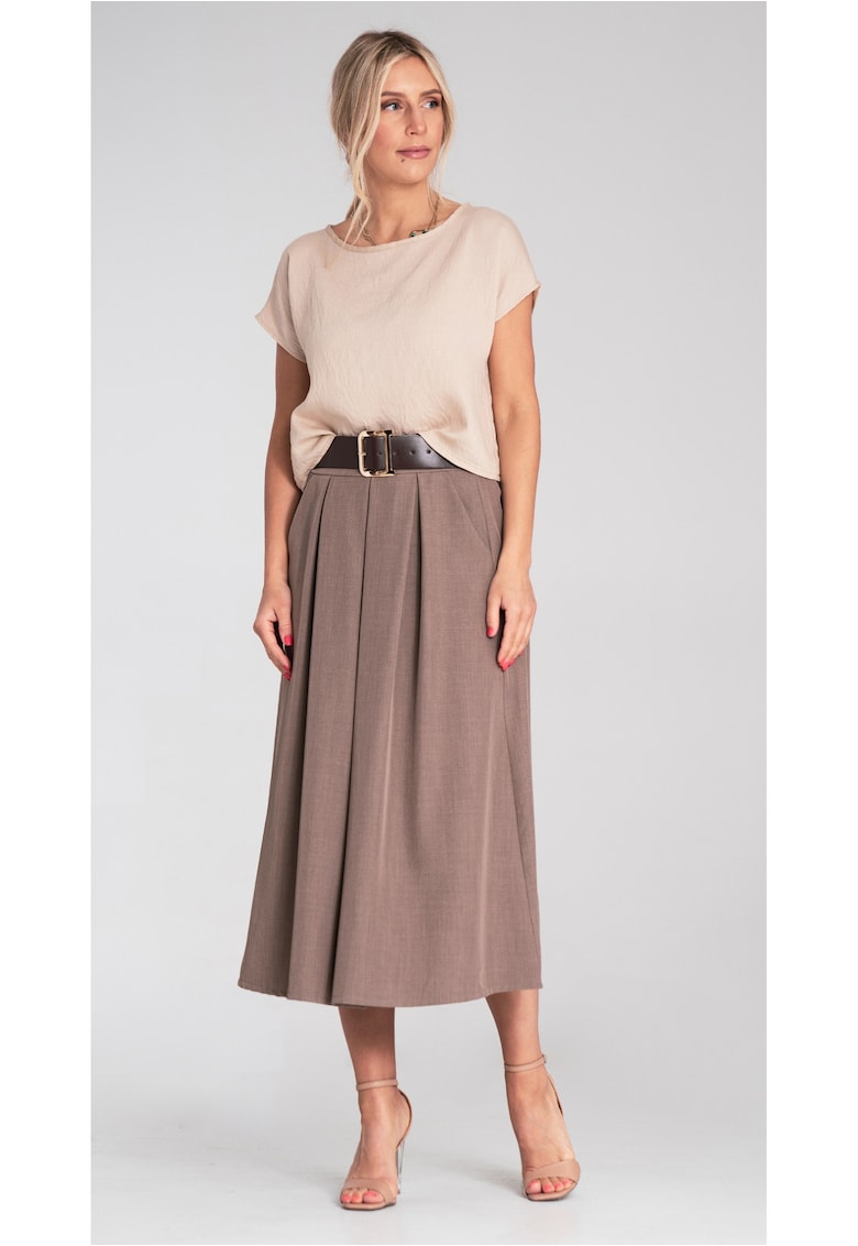 Fusta midi maro - talie inalta - curea decorativa - evazata - cu buzunare -