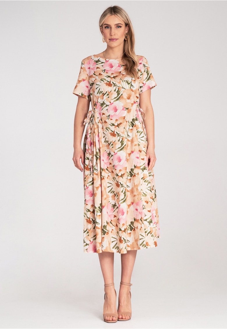 Rochie midi - imprimeu floral pastelat - ajustare in talie - ecru -
