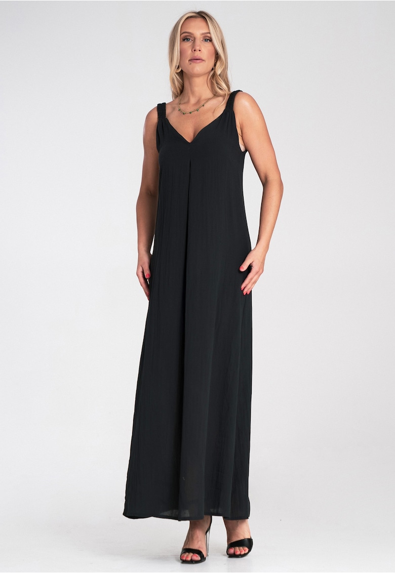 Rochie maxi - neagra - bretele late - decolteu in V -