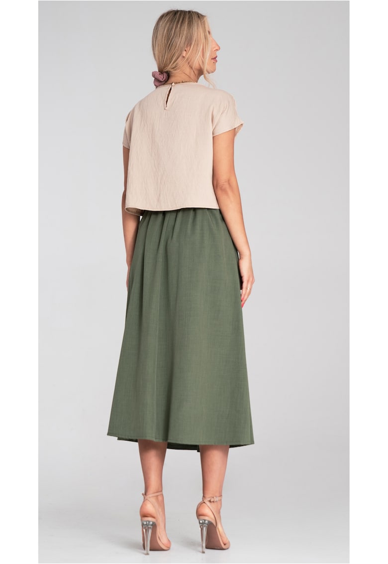 Fusta midi verde - talie inalta - curea - evazata - cu buzunare -