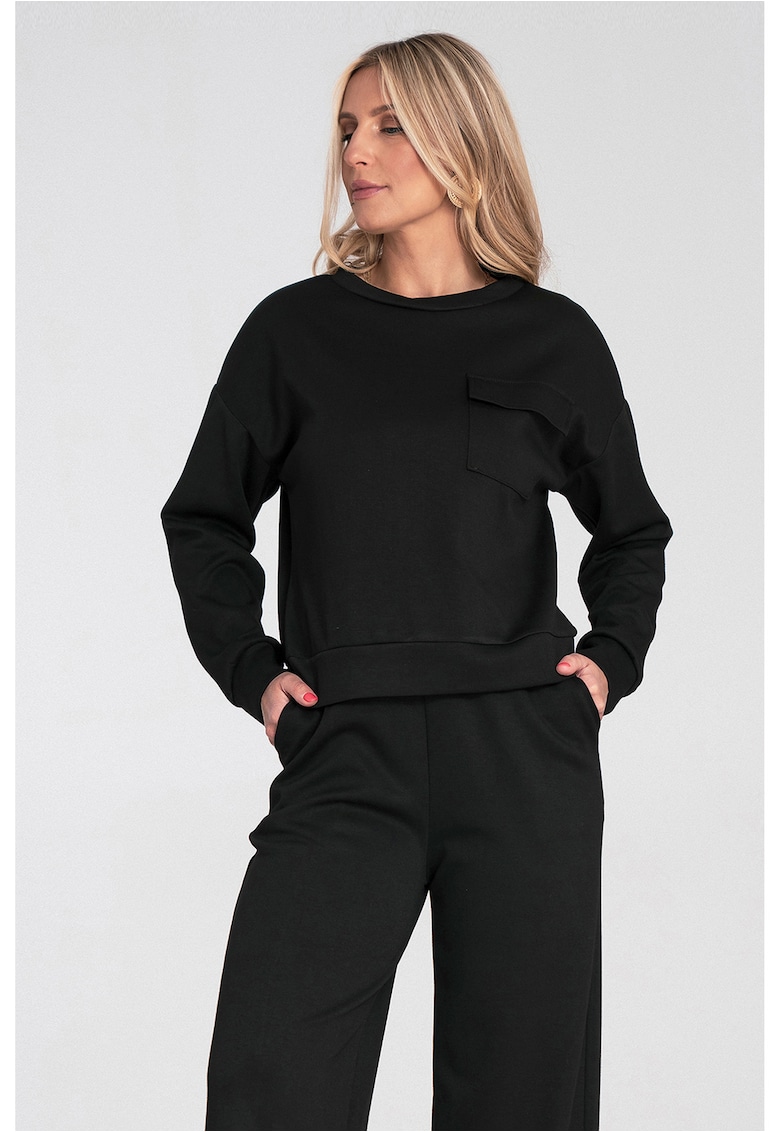 Hanorac dama negru - material moale - buzunar asimetric - croiala dreapta -