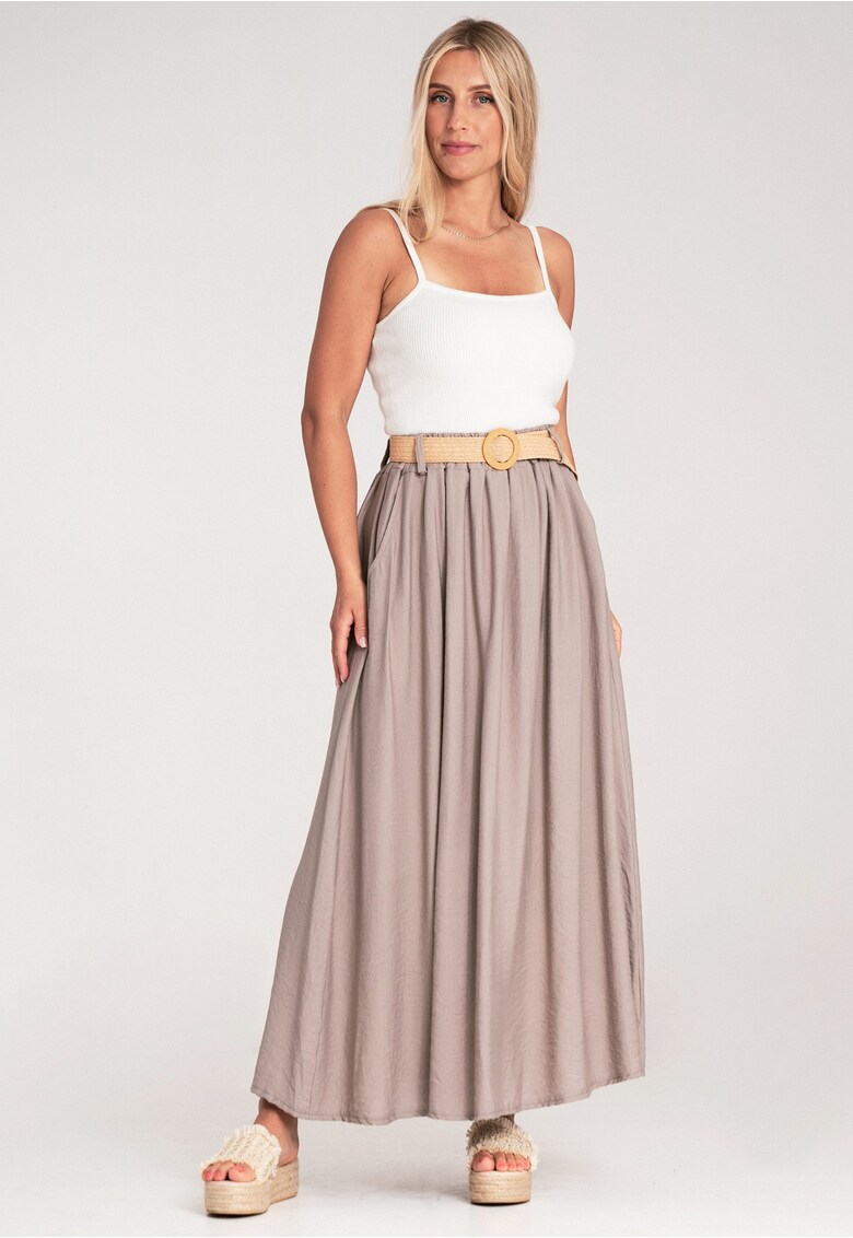 Fusta lunga evazata - talie elastica - curea impletita - bej - material usor -