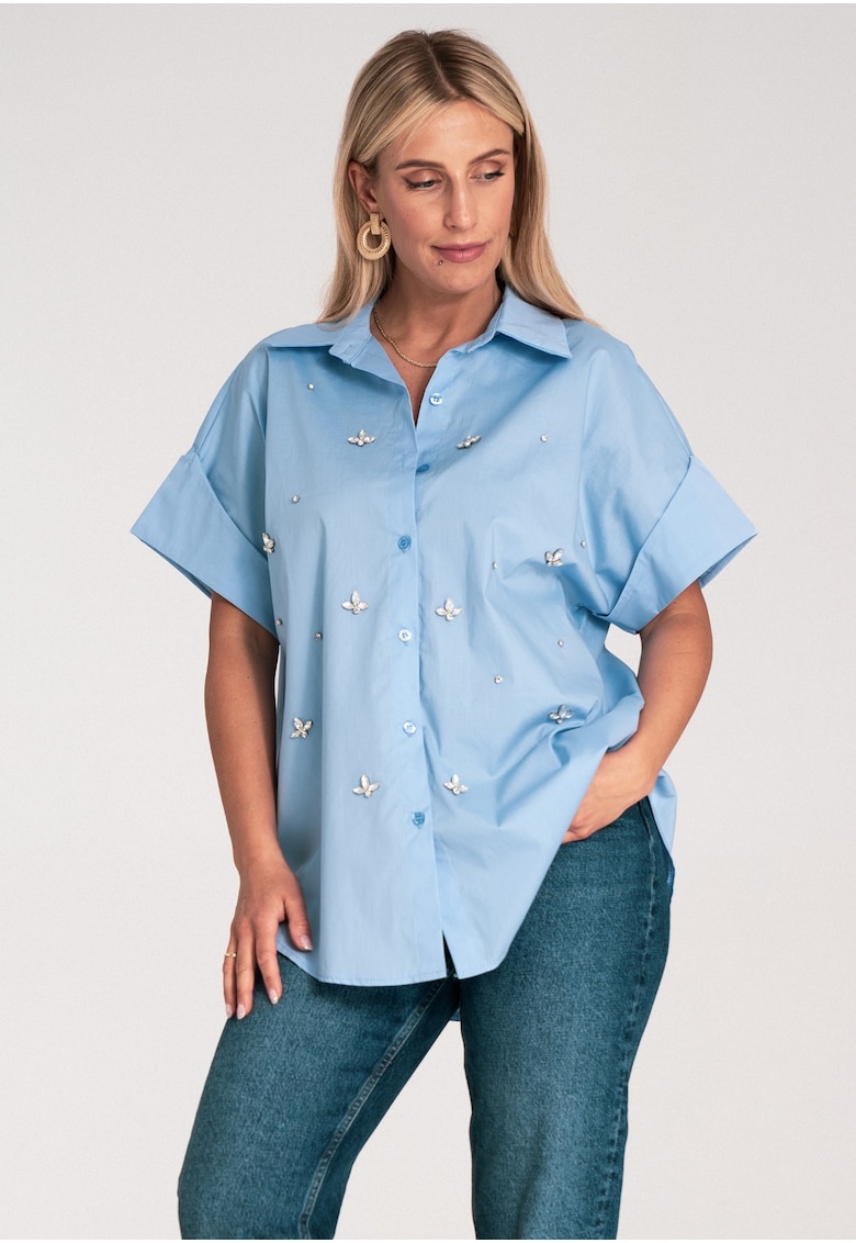Camasa supradimensionata - albastra - cu aplicatii florale si perle - din bumbac - pentru sezonul cald -
