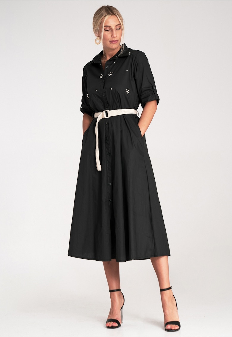 Rochie midi - cu strasuri - neagra - tip camasa -