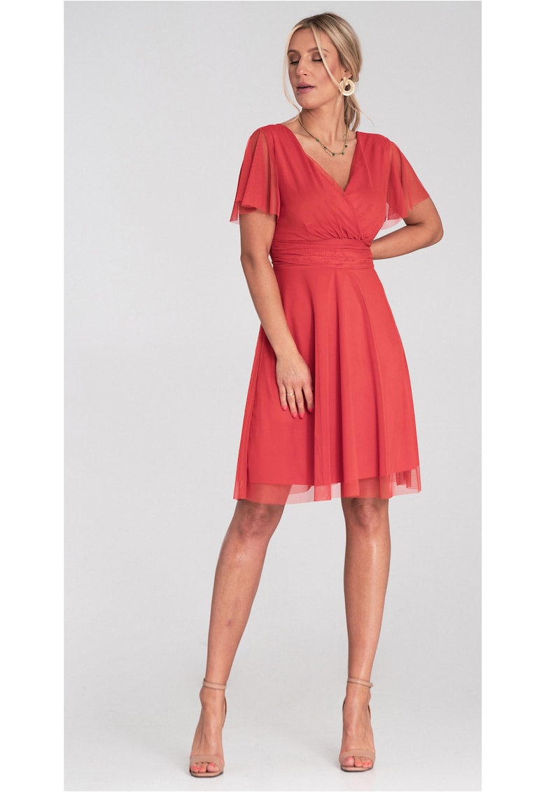Rochie portocalie - tul - decolteu plic - maneci scurte - evazata - mulata in talie -