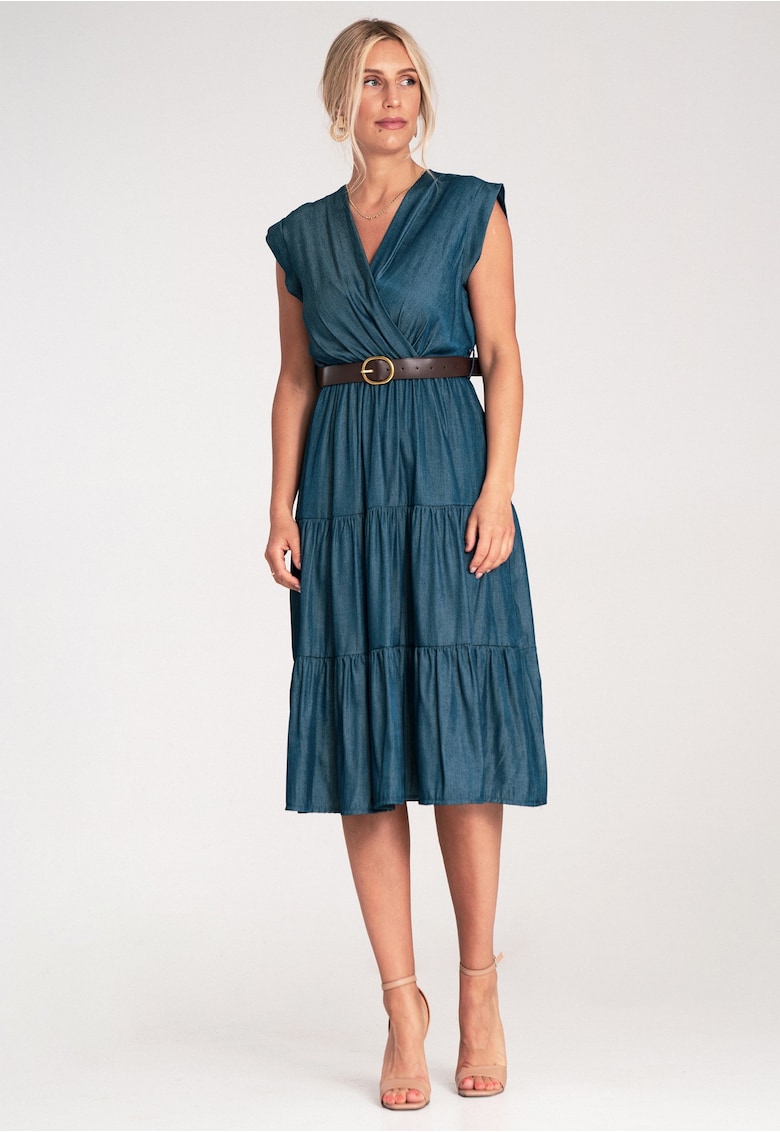 Rochie din denim albastru - curea decorativa si volane - croiala evazata -