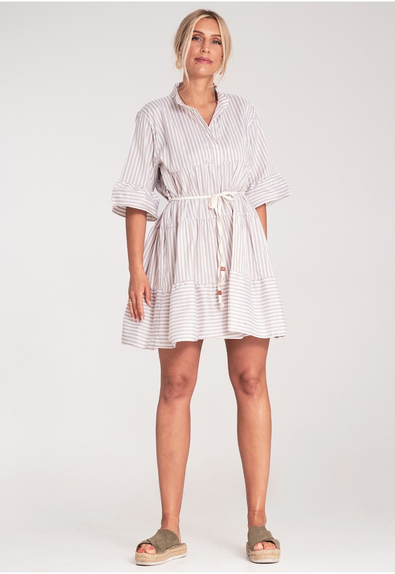 Rochie cu dungi - maneci largi - bej -