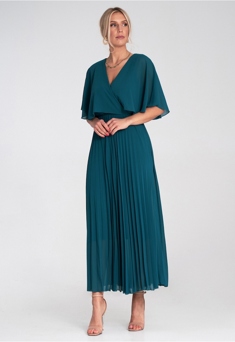 Rochie maxi turcoaz - vaporoasa - cu decolteu plic - maneci scurte - evazata -
