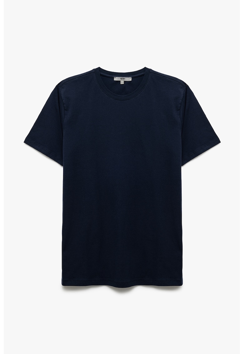 Tricou din amestec de bumbac cu decolteu la baza gatului - Bleumarin