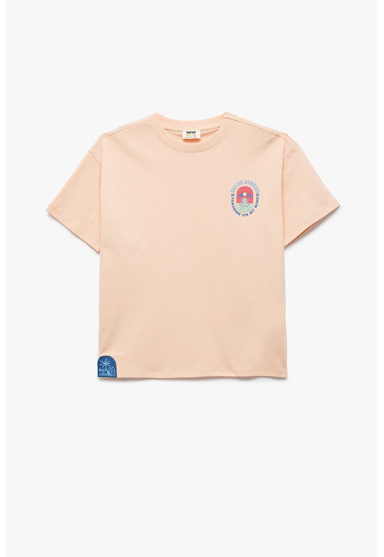 Tricou cu imprimeu si decolteu la baza gatului - Piersica