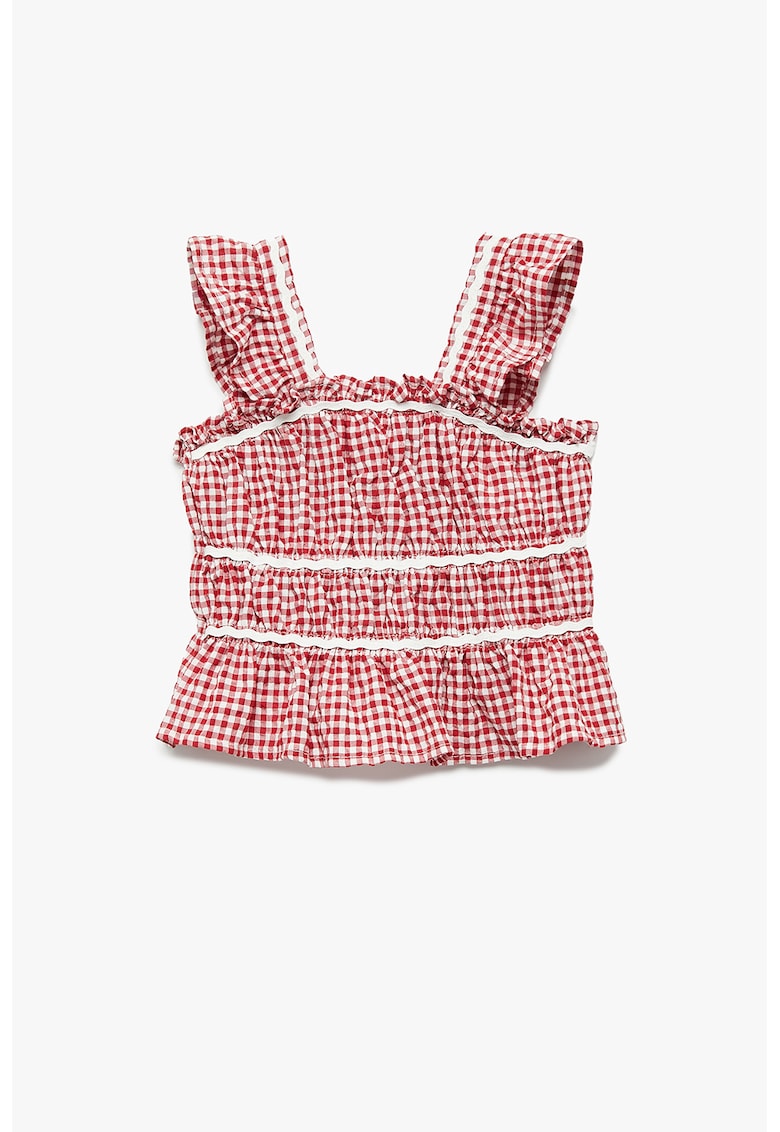 Top cu volane si model in carouri - Alb/Caramiziu