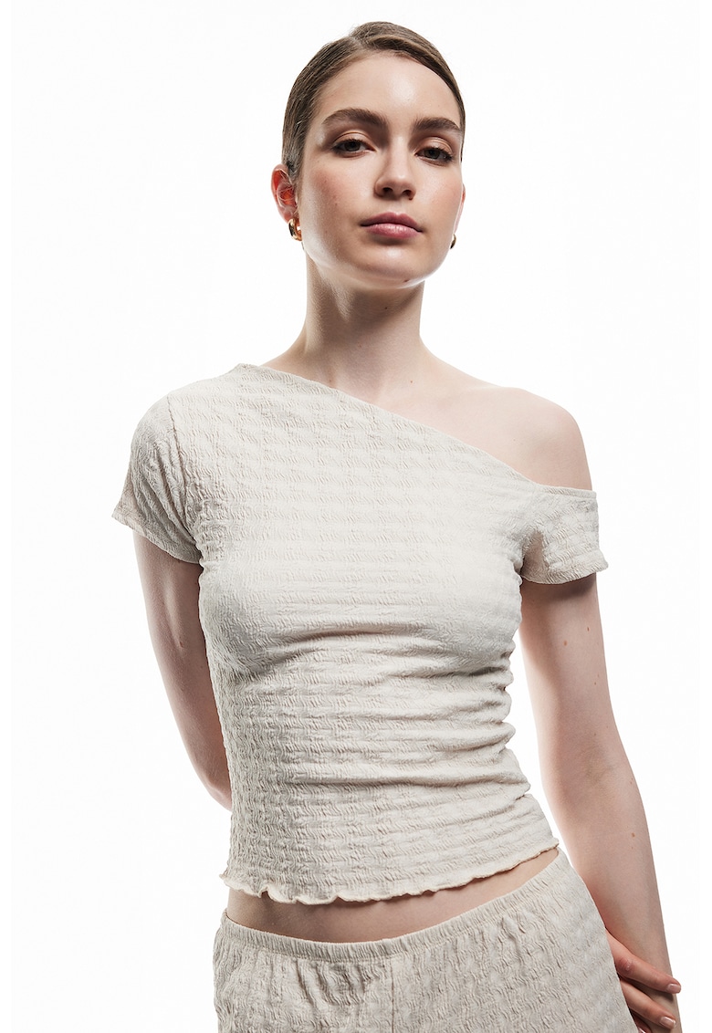 Tricou asimetric texturat - Crem