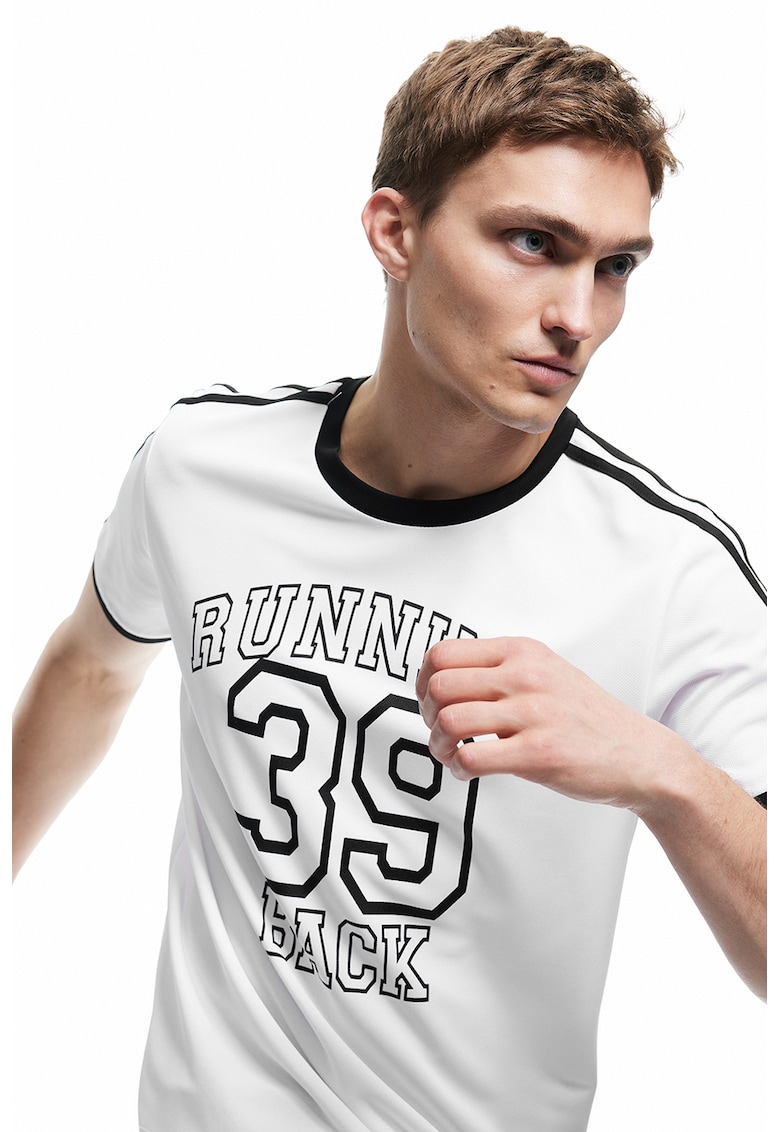 Tricou cu decolteu la baza gatului si imprimeu text - Negru stins/Alb optic