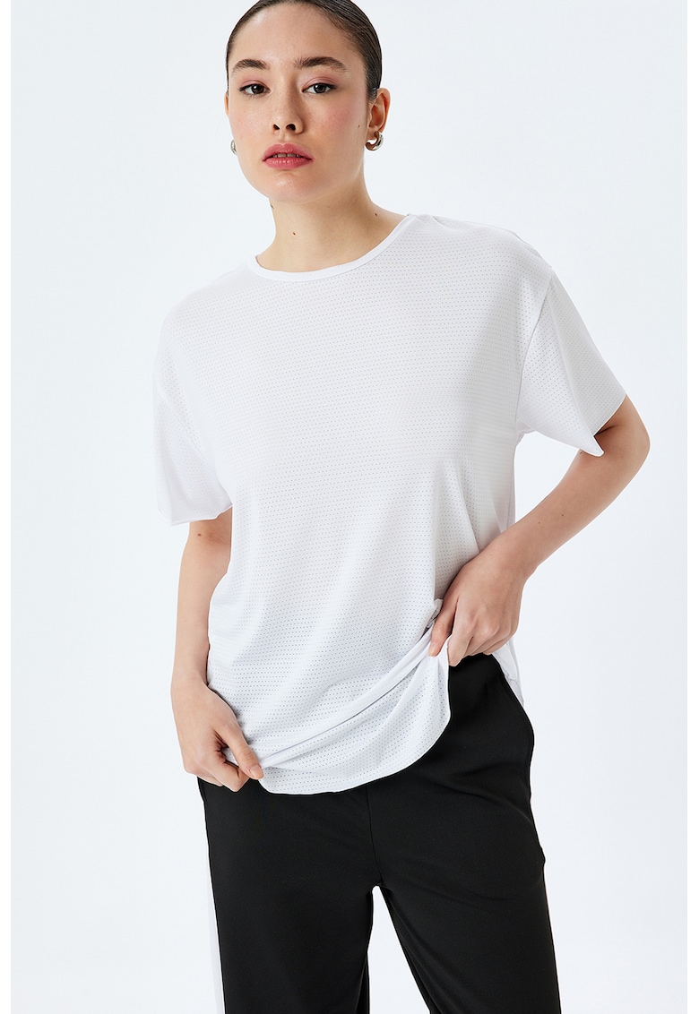 Tricou texturat cu decolteu rotund - Alb optic