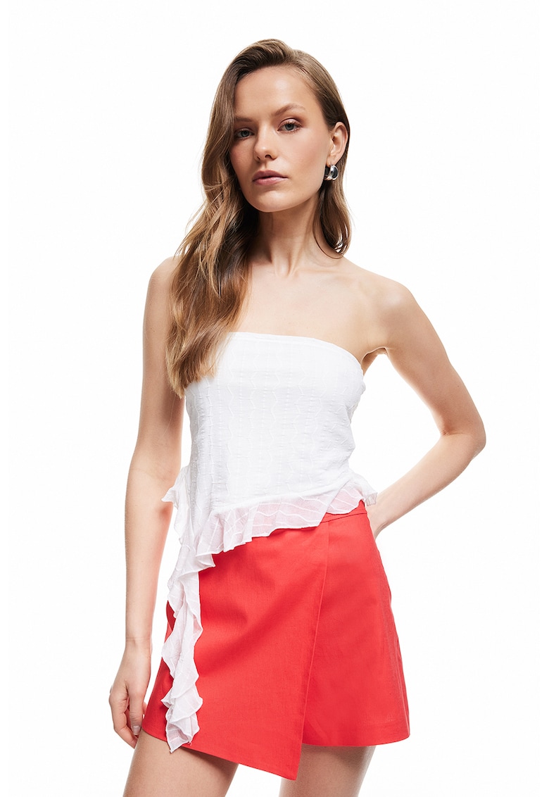 Fusta-pantalon din in si bumbac cu talie inalta si model uni