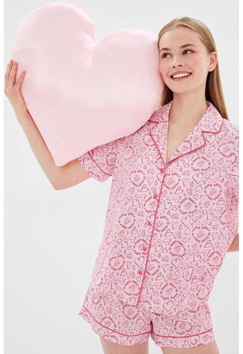 Pantaloni scurti de pijama cu snur de ajustare si model cu inimi