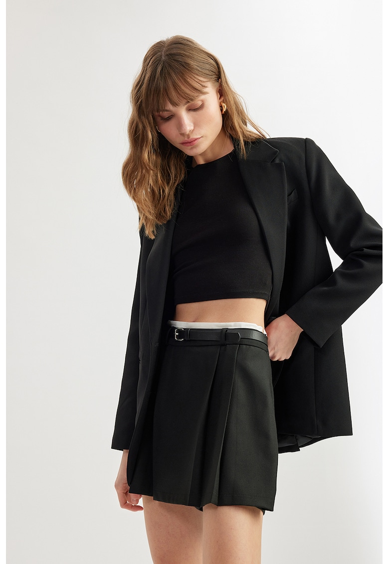 Fusta-pantalon cu talie inalta si curea - Negru