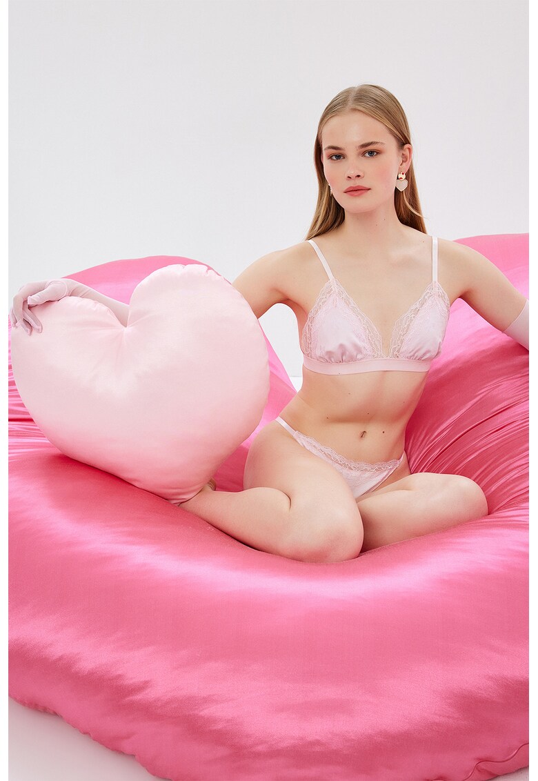 Chiloti tanga cu aspect satinat si captuseala din dantela - Roz pal