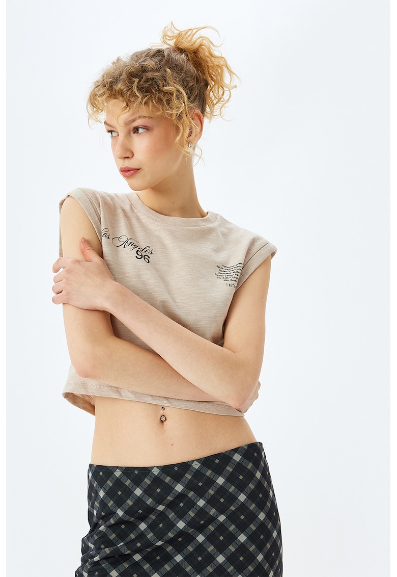 Tricou crop cu imprimeu text - Negru/Maro nisip