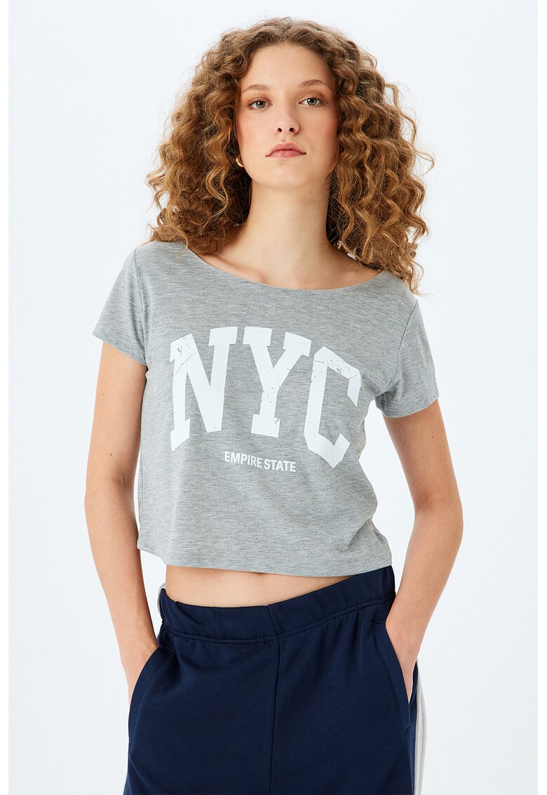 Tricou crop cu imprimeu text - Gri melange/Alb optic