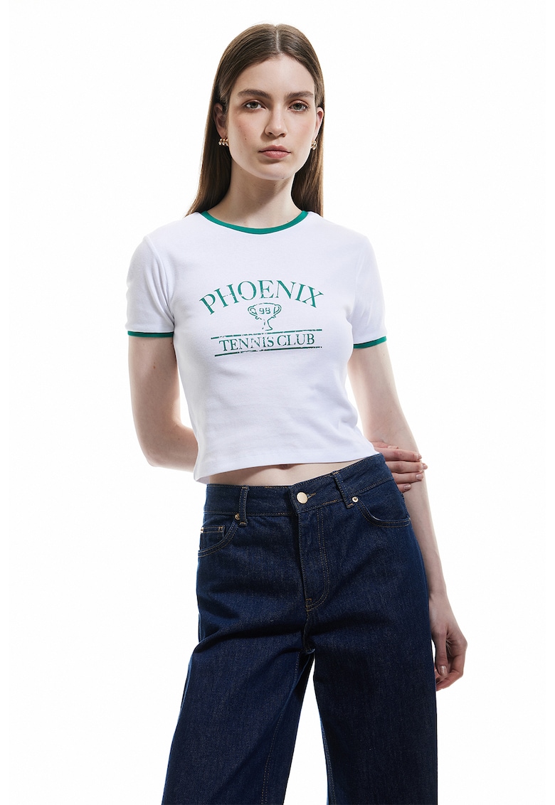 Tricou crop cu imprimeu text - Alb optic/Verde aquamarin