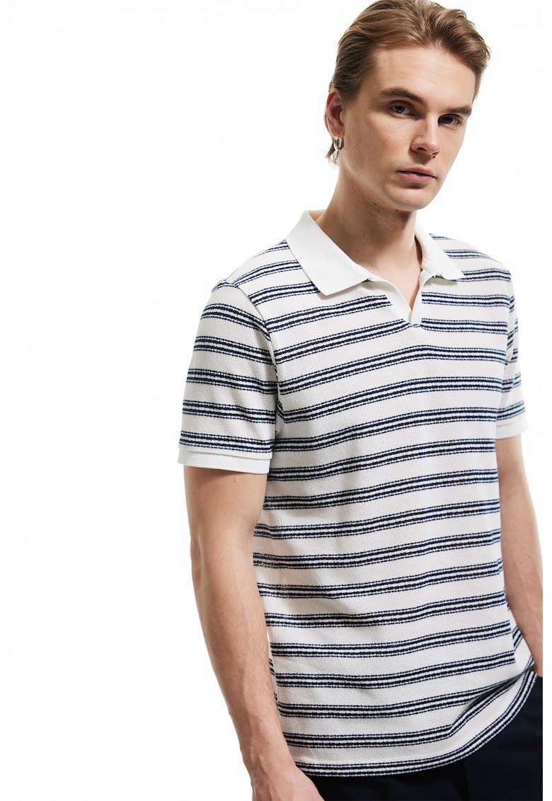 Tricou polo cu dungi - Alb/Albastru inchis