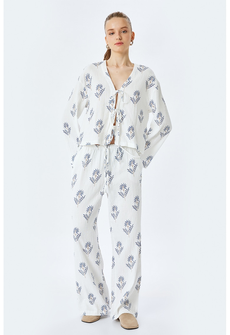 Pantaloni de bumbac cu croiala ampla si broderie