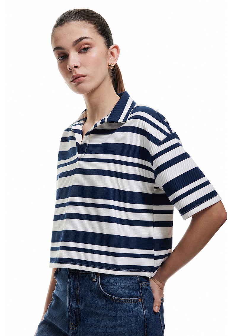 Tricou polo crop cu dungi