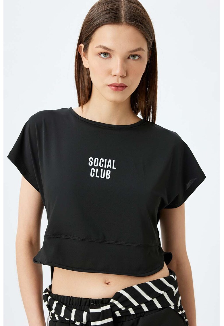 Tricou crop cu imprimeu text - Negru