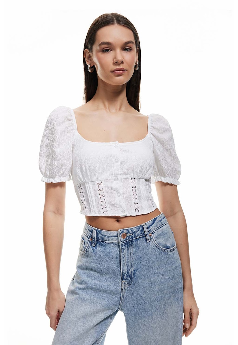 Bluza crop cu maneci cu bufante - Alb