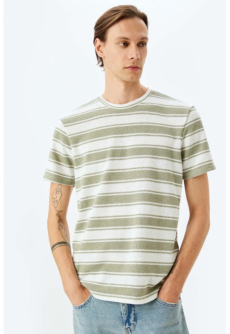 Tricou cu model in dungi - Kaki/Alb murdar