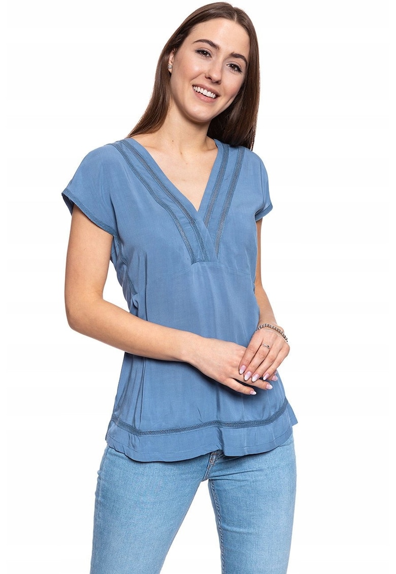 Bluza Dama - Elisa Lace Inset - Croi Slim - Fara Inchidere - 100% Bumbac - Fara Maneci - Albastru - 1 Bucata