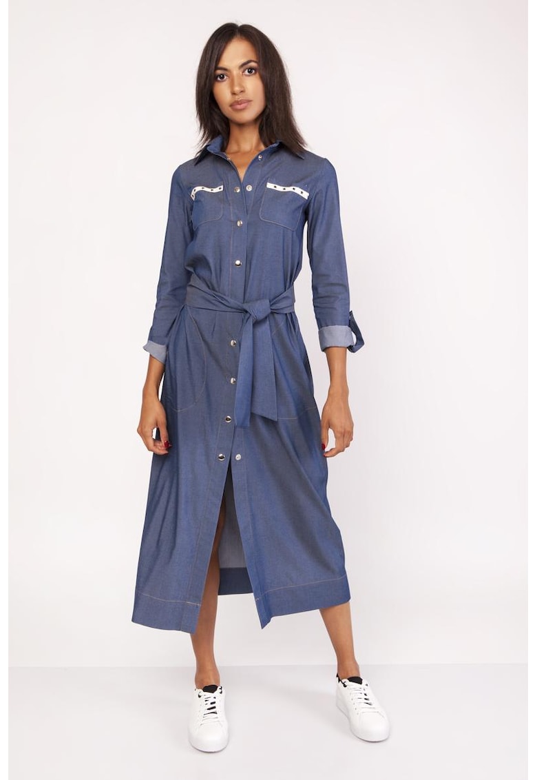 Rochie-camasa lunga cu prindere in talie si aspect de denim