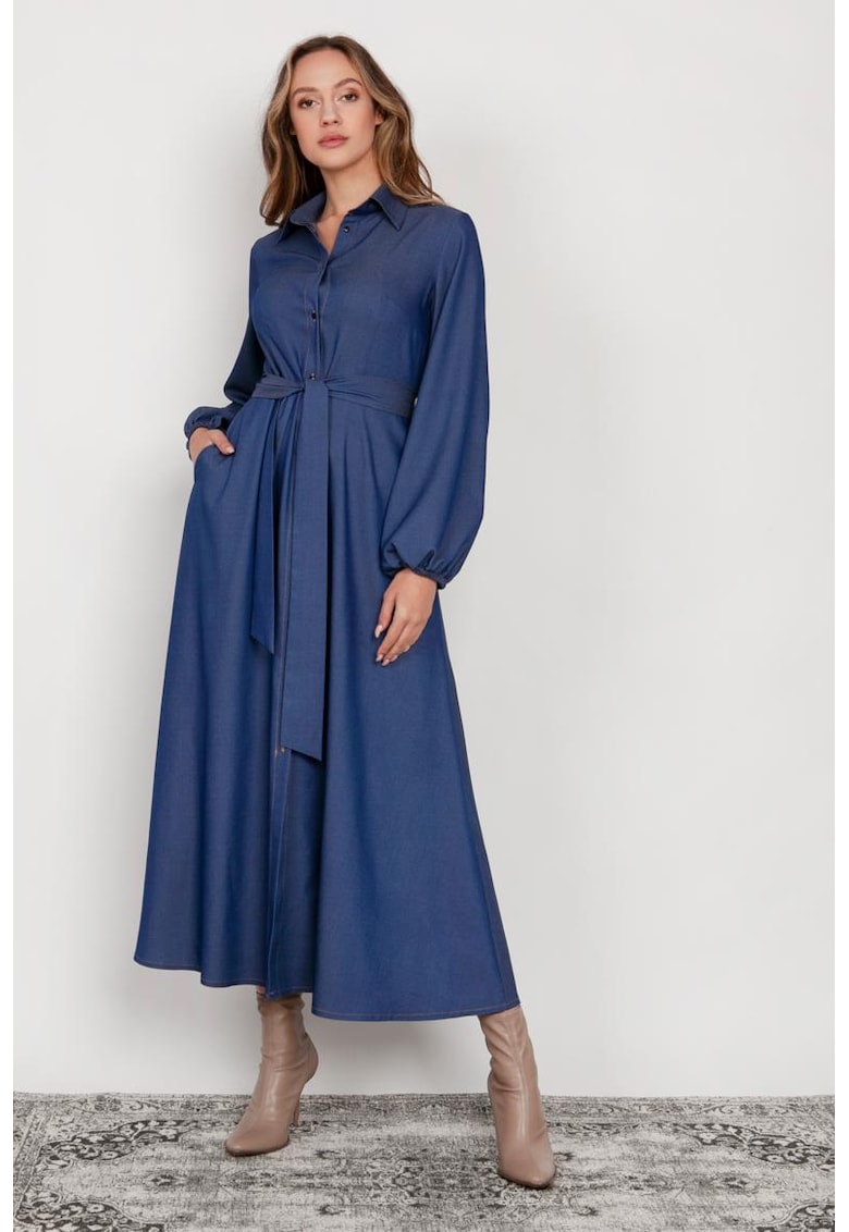 Rochie-camasa lunga cu nasturi si aspect de denim