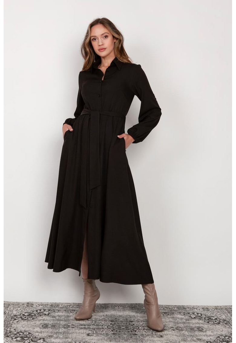 Rochie-camasa lunga cu nasturi si cordon in talie