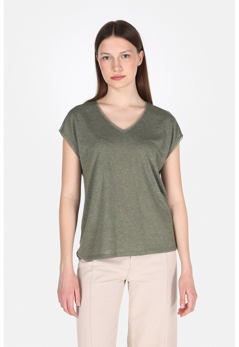 Tricou lejer cu decolteu in V - Kaki